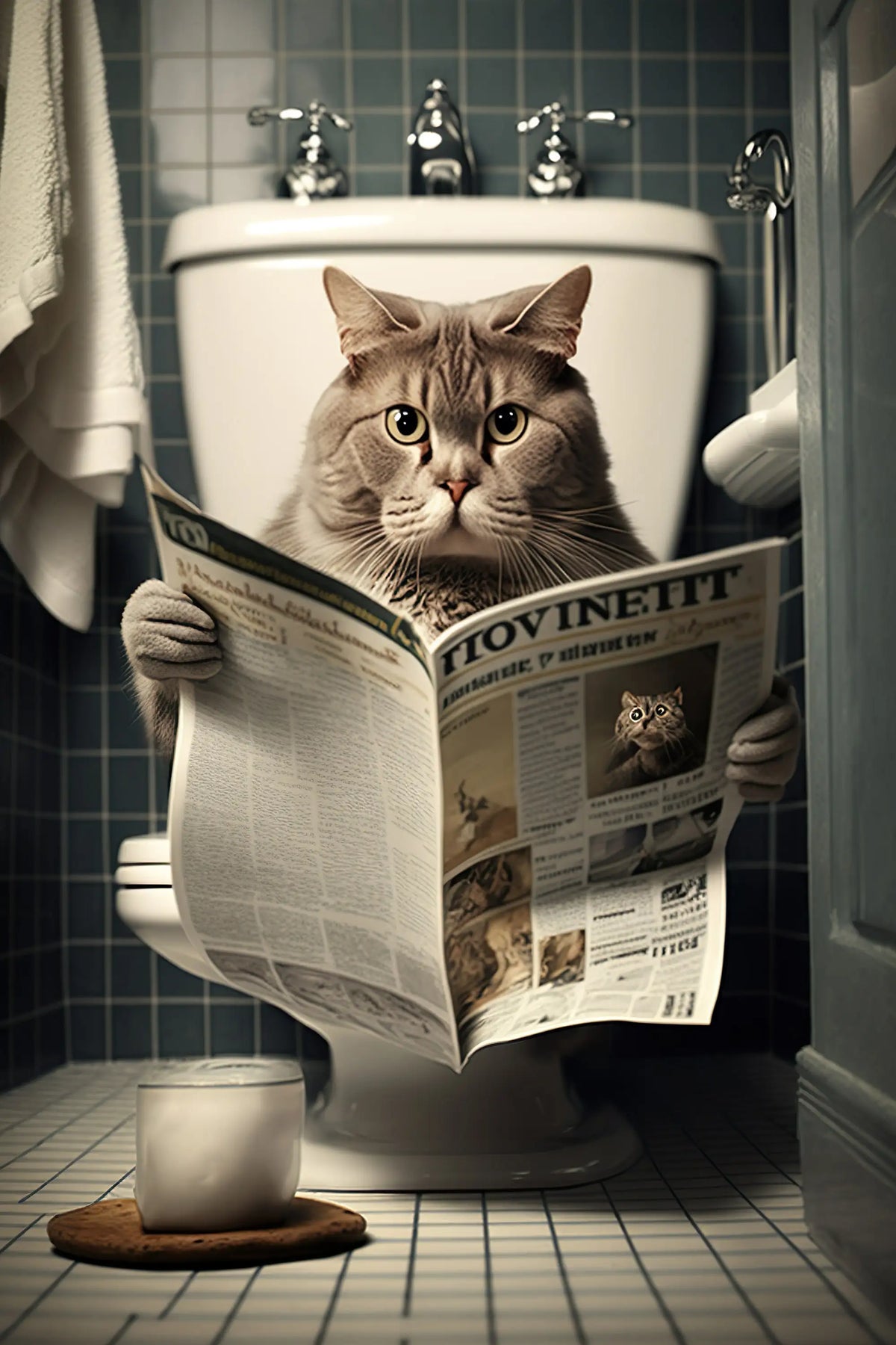 Humorous Animals on the Toilet with Newspaper Canvas Wall Decor - A4 21X30cm Unframed / 10