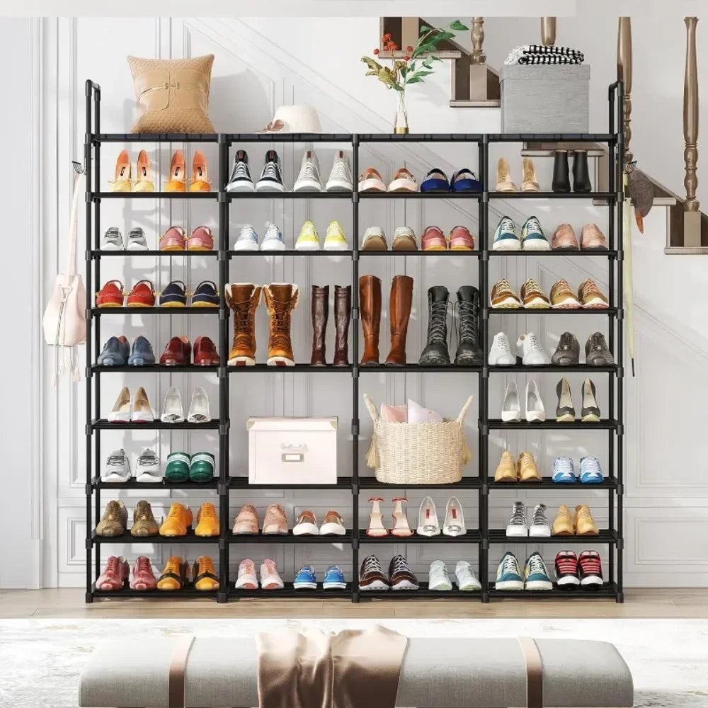 Double row metal shoe shelf with versatile hooks - view 3
