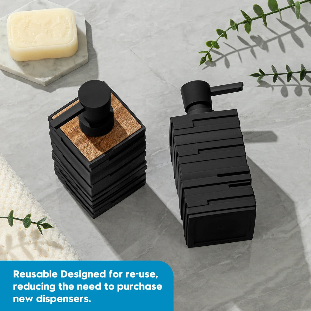 Matt black soap dispenser with high capacity teak wood decor - view 6