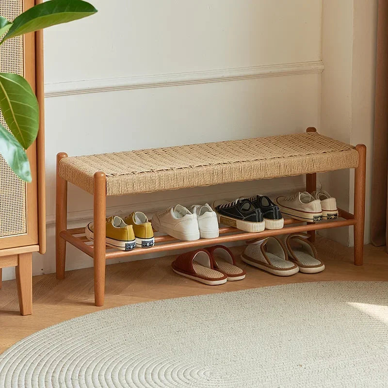 Shoes stool in solid wood braided in retro style rattan - view 3