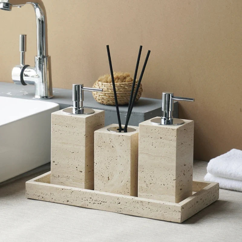 Elegant set of accessories in travertine for the bathroom - view 5