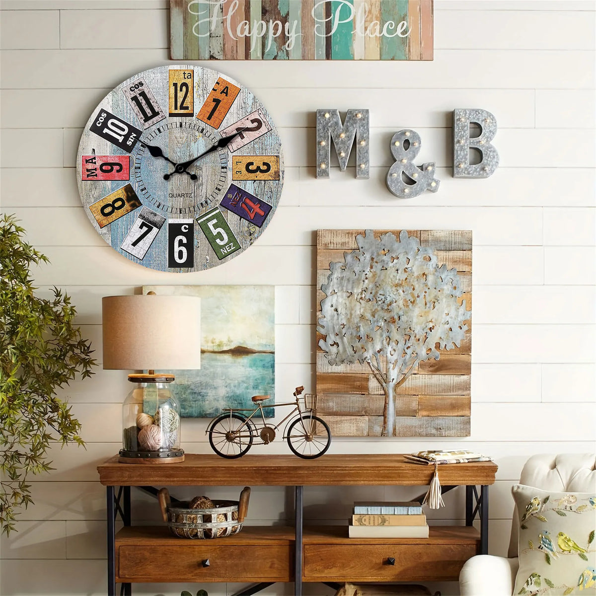 Nordic vintage wooden style wall clock, light blue wood texture with colorful Arabic digitals design wall clock, silent clock, f - view 2