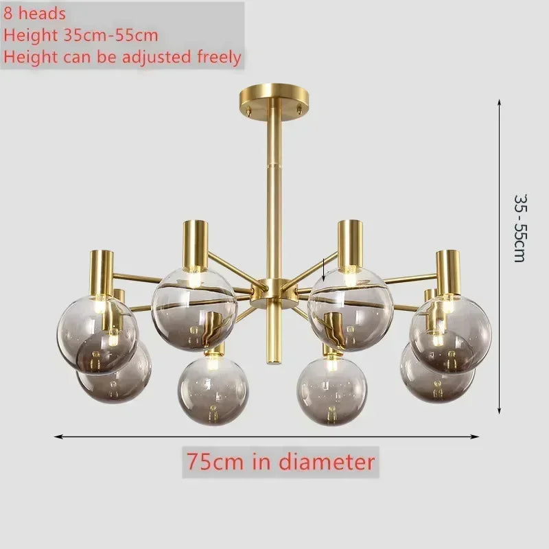 Nordic minimalist pendant light in glass for modern decoration - gold 8 heads / coffee / neutral light