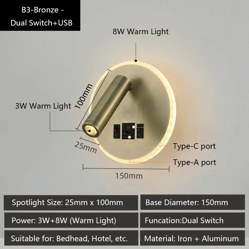 Modern led wall sconce with usb ports and adjustable reading lamps - B3 / Warm White (2700-3500K) / LED 3W and 8W