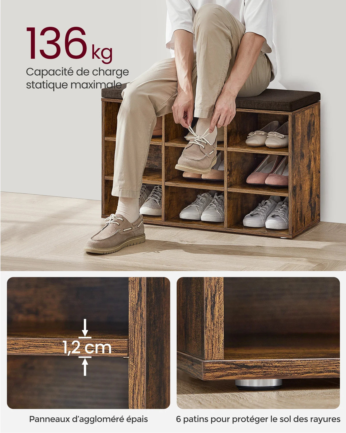VASAGLE Shoe Bench, Storage Bench with Padded Seat, with Cushion, 9 Compartments, Adjustable Shelves, for Living Room, Hallway - view 3