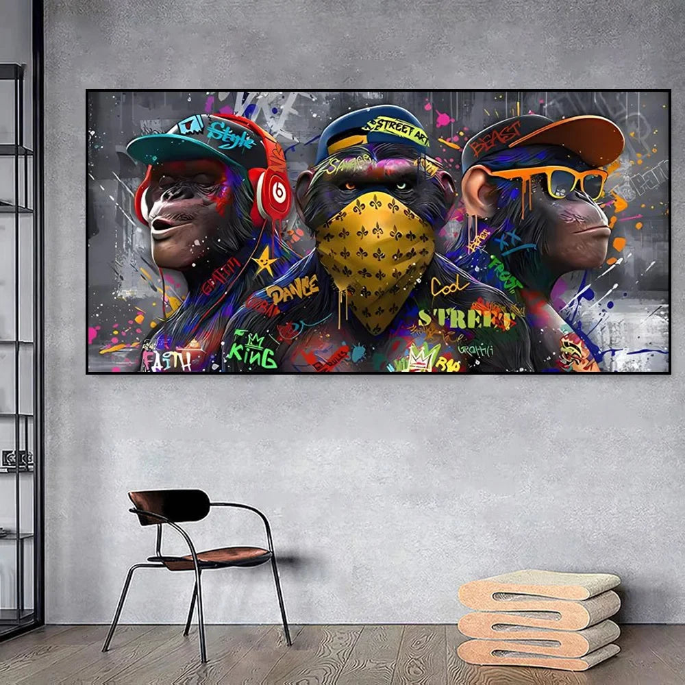 Three orang-outans graffiti art wall decoration monkey music
