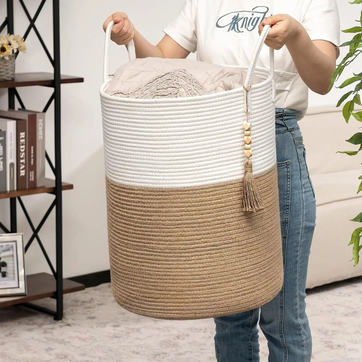 Large woven storage basket with folding handles for toys and linen - view 5