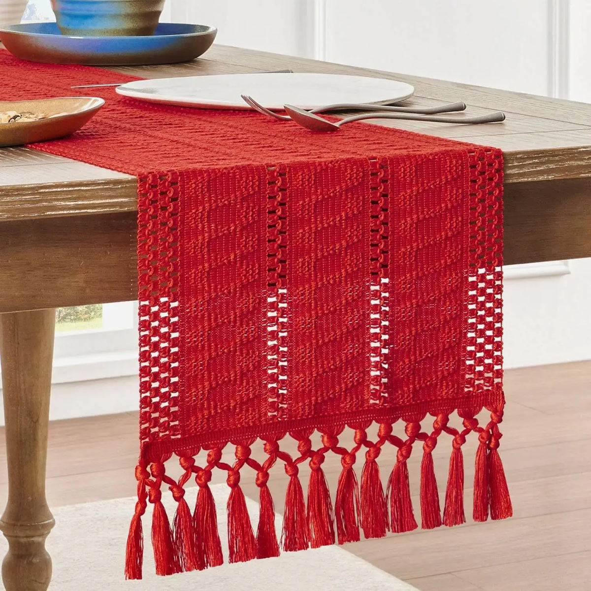 Macrame table runner bohemian ivory woven striped - 30x120cm