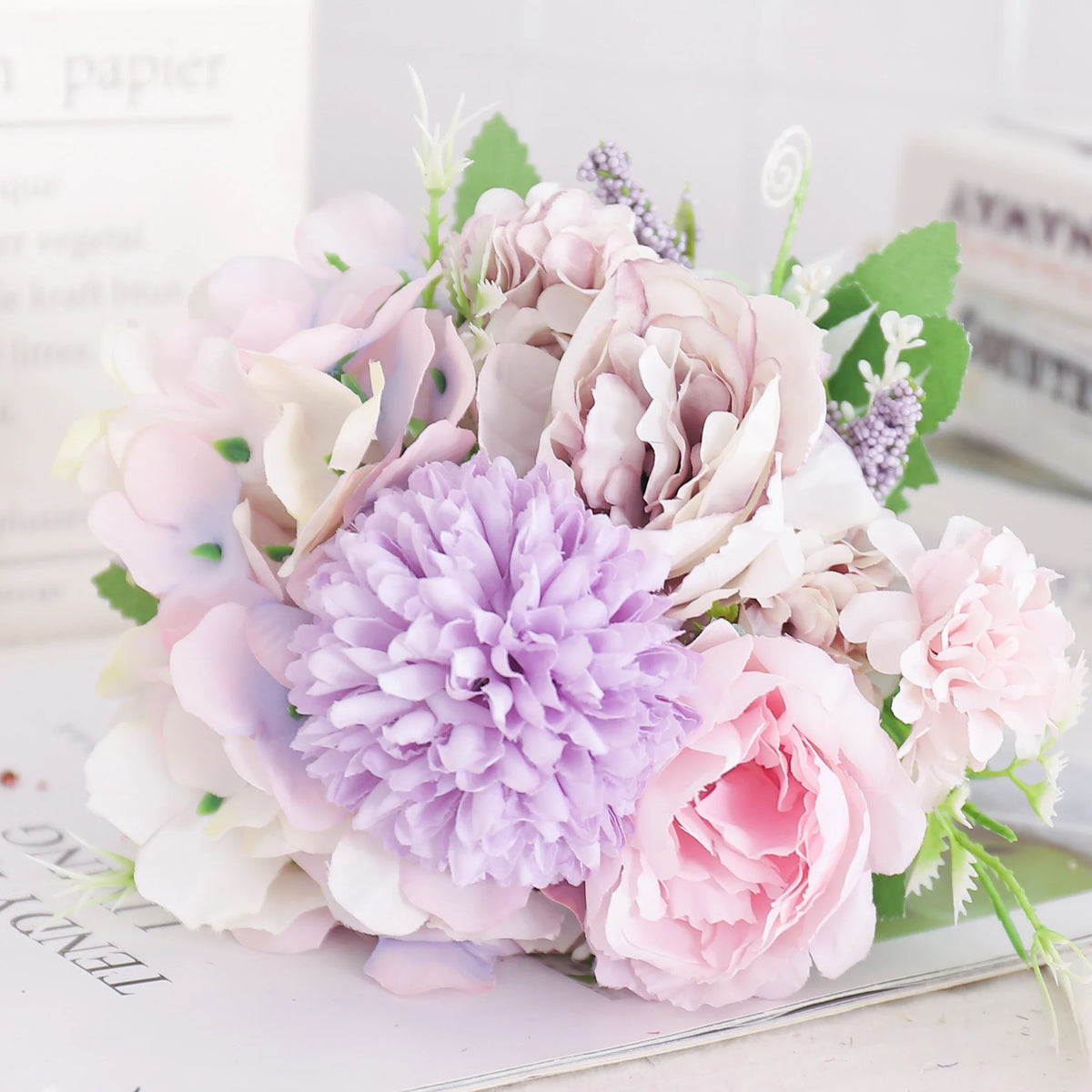 Artificial flowers silk peony hortensia decoration wedding bouquet - Purple
