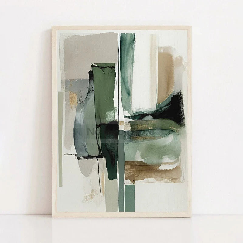 Wabi-Sabi Japanese Abstract Poster, Green & Gold Hues - 20X30cm Unframed