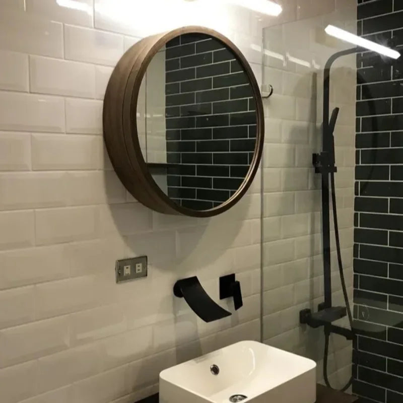 Wall storage cabinet with round decorative mirror - view 3