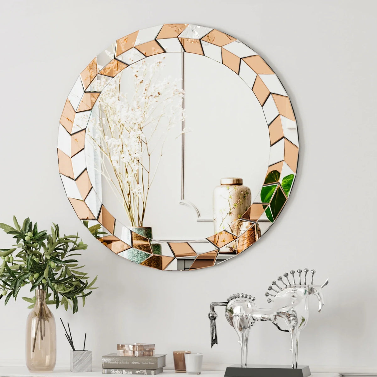 Large round decorative mirror with bevelled glass frame modern style