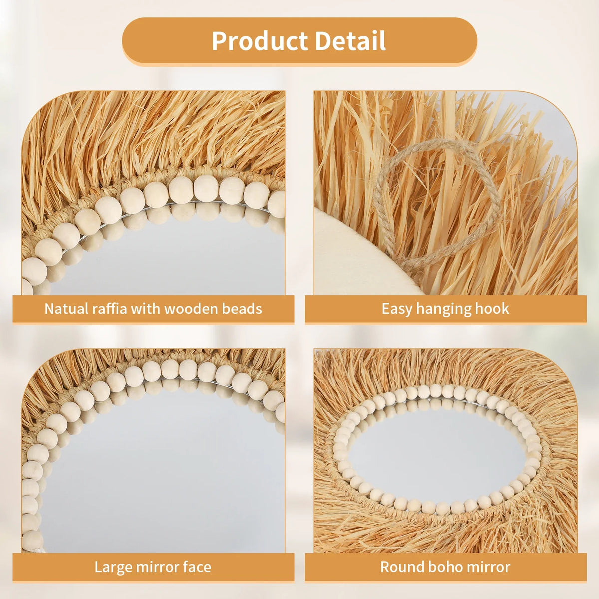Decorative Mirror with Wooden Beads and Handmade Bamboo, Style One - view 5