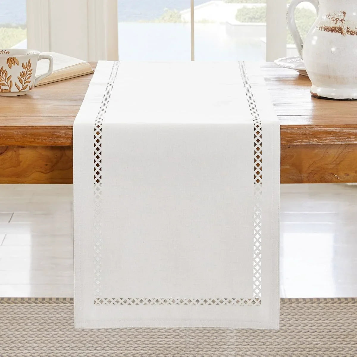 Linen table runner modern chic openwork pattern - view 9