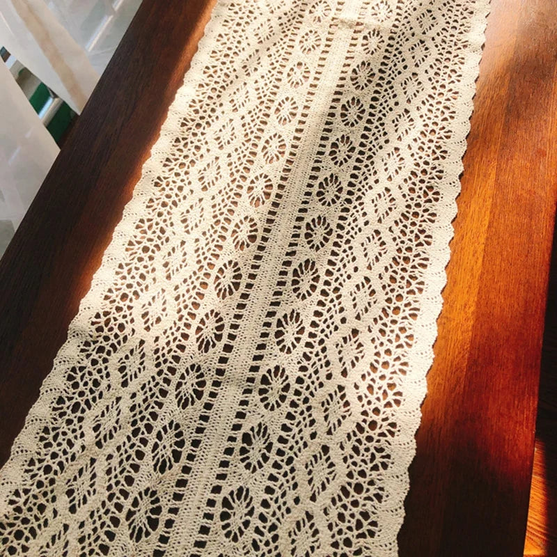 Table runner lace crochet bohemian pom-poms ecru - view 5