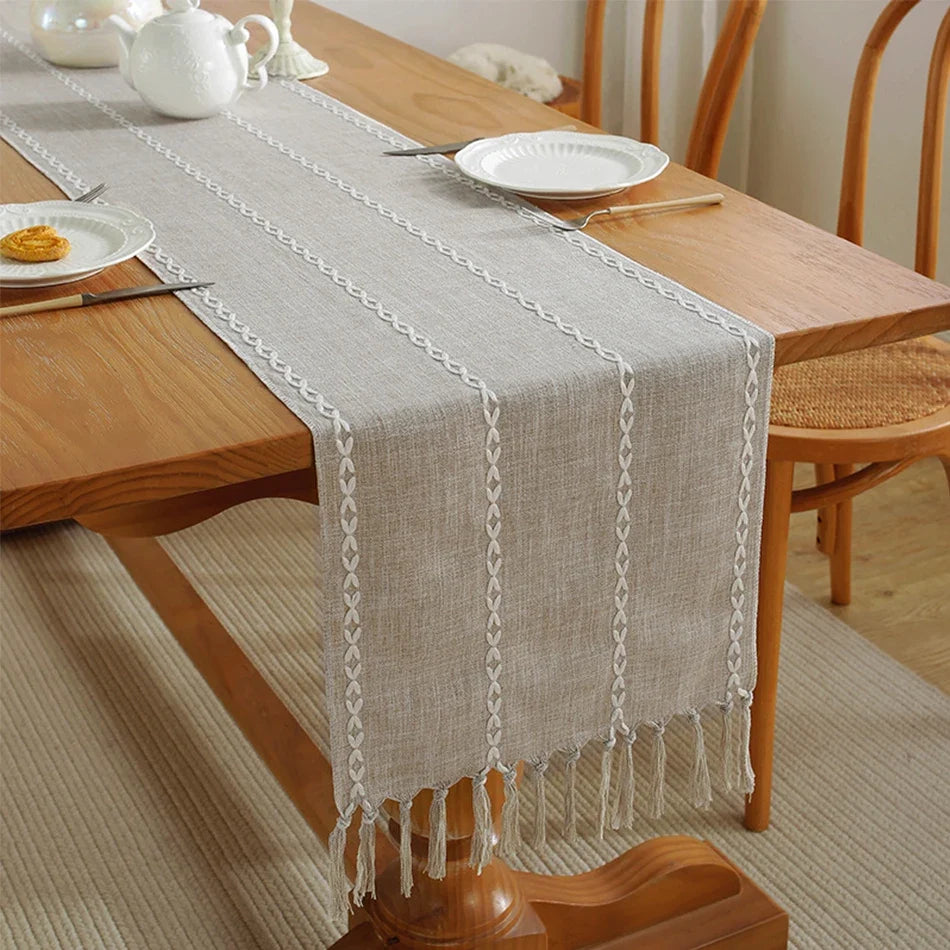 Bohemian table runner embroidered hand woven pom-poms - 35x120cm