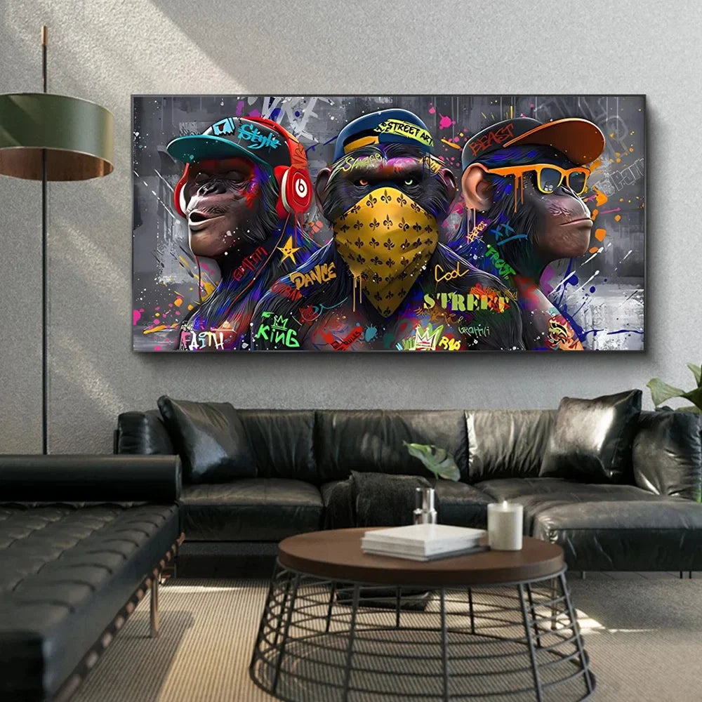 Three orang-outans graffiti art wall decoration monkey music - view 4