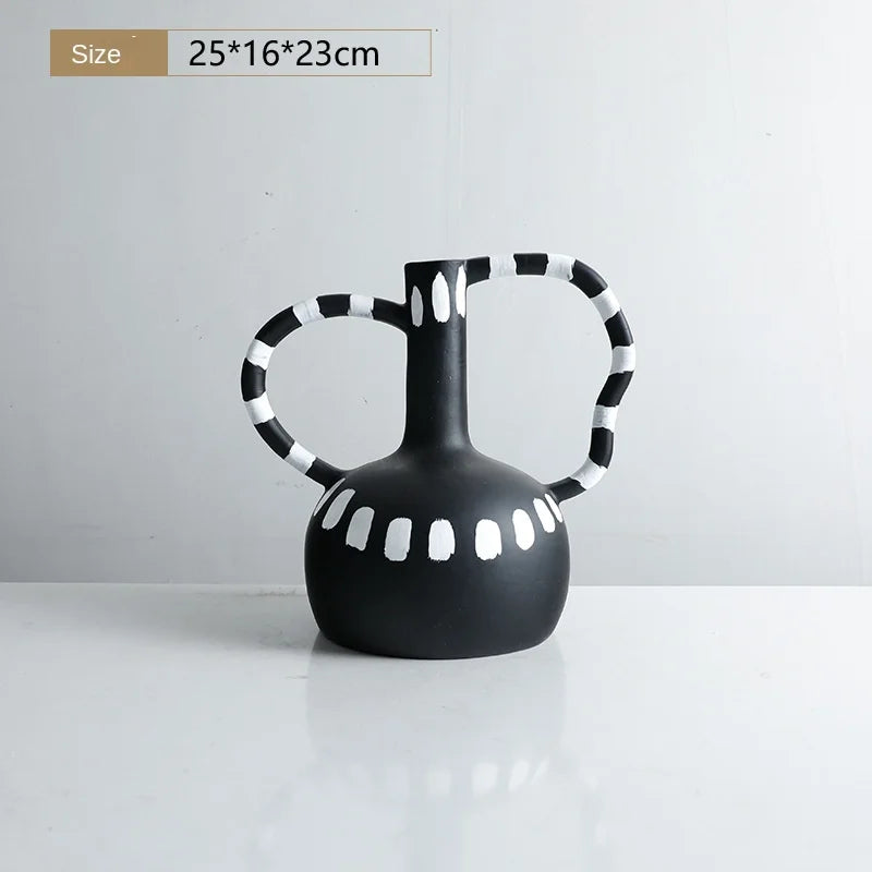 Black And White Polka Dot Double Ear Vase Decoration, Cave Style Homestay Sample Board Room Minimalist Flower Set - black