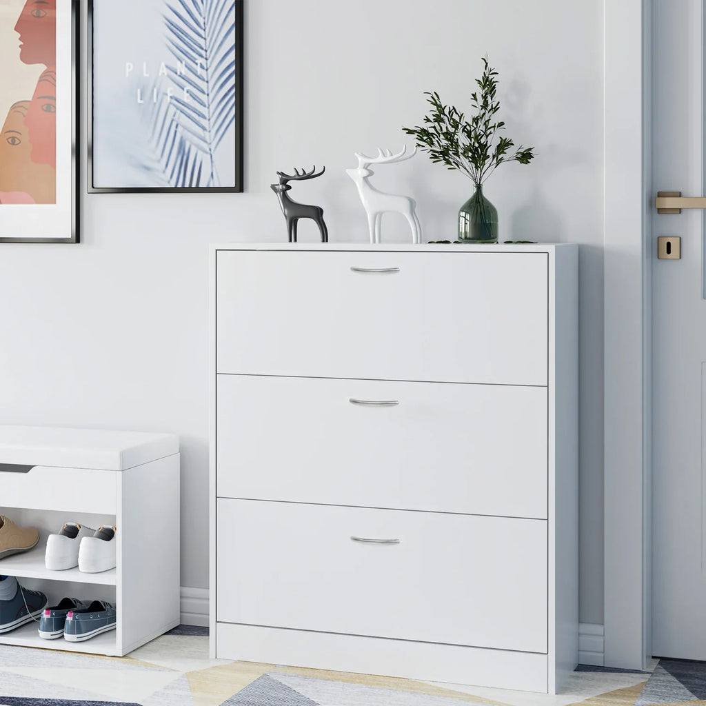Getone Shoe Cabinet with 3 Doors, Shoe Storage Cupboard, White Shoe Rack Space Saving for Hallway 110x80x23.5cm