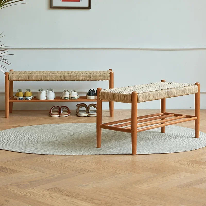 Shoes stool in solid wood braided in retro style rattan - view 4