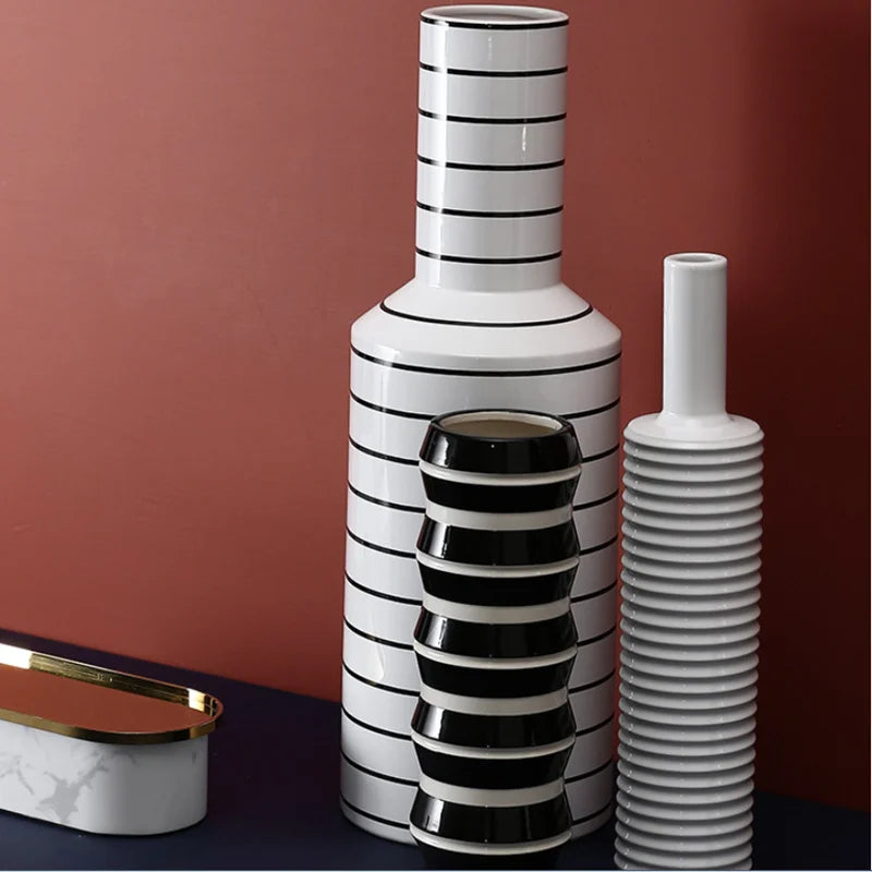Black and White Striped Ceramic Vase, Flower Pot Decoration, Home and Living Room Decoration, Creative Geometric Striped Vase - view 5