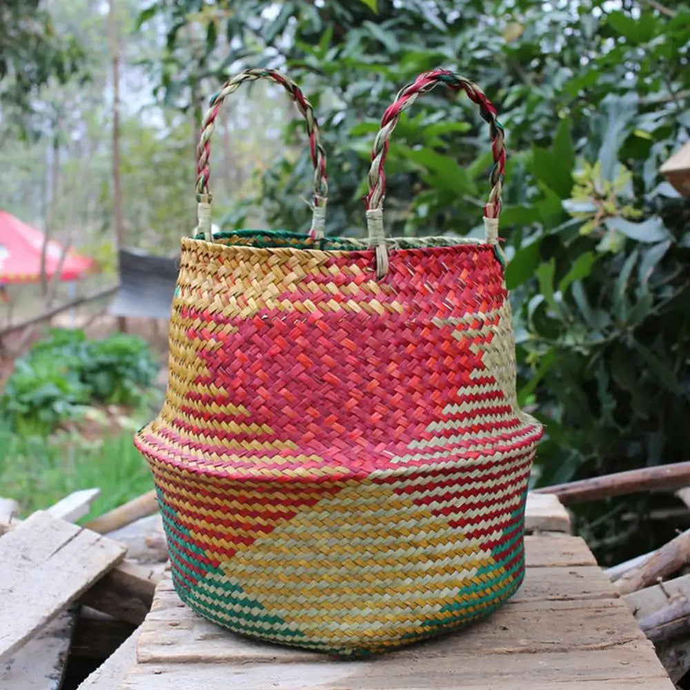 Straw storage basket with foldable handle for flowers and linen - view 3