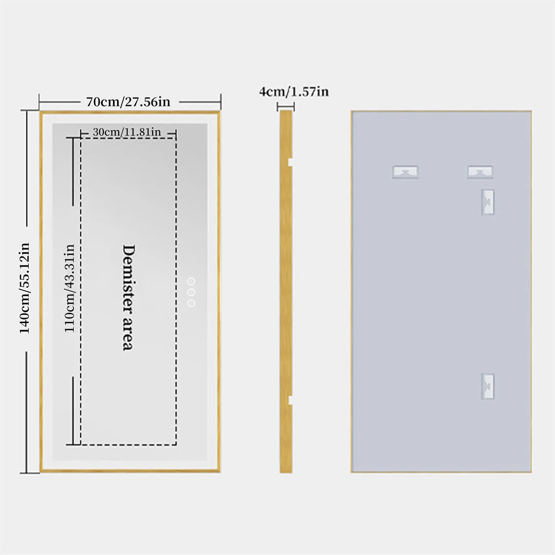 Illuminated mirror with golden frame and three-colored anti-fog led lights - 140x70cm (55x28 pouces)