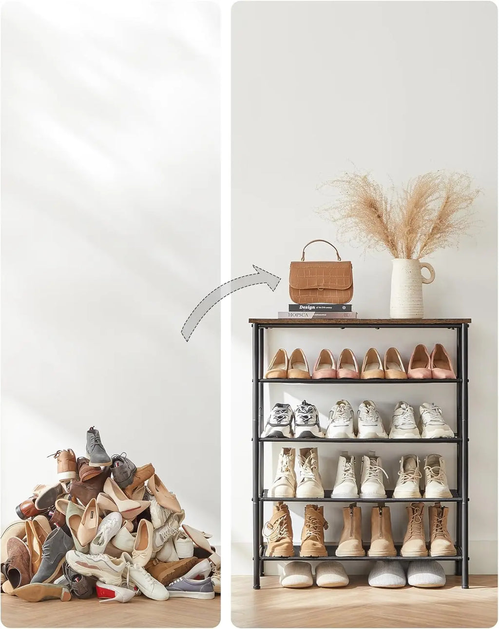 Narrow 5-Tier Metal Shoe Rack with 4 Polyester Fabric Shelves, - view 4