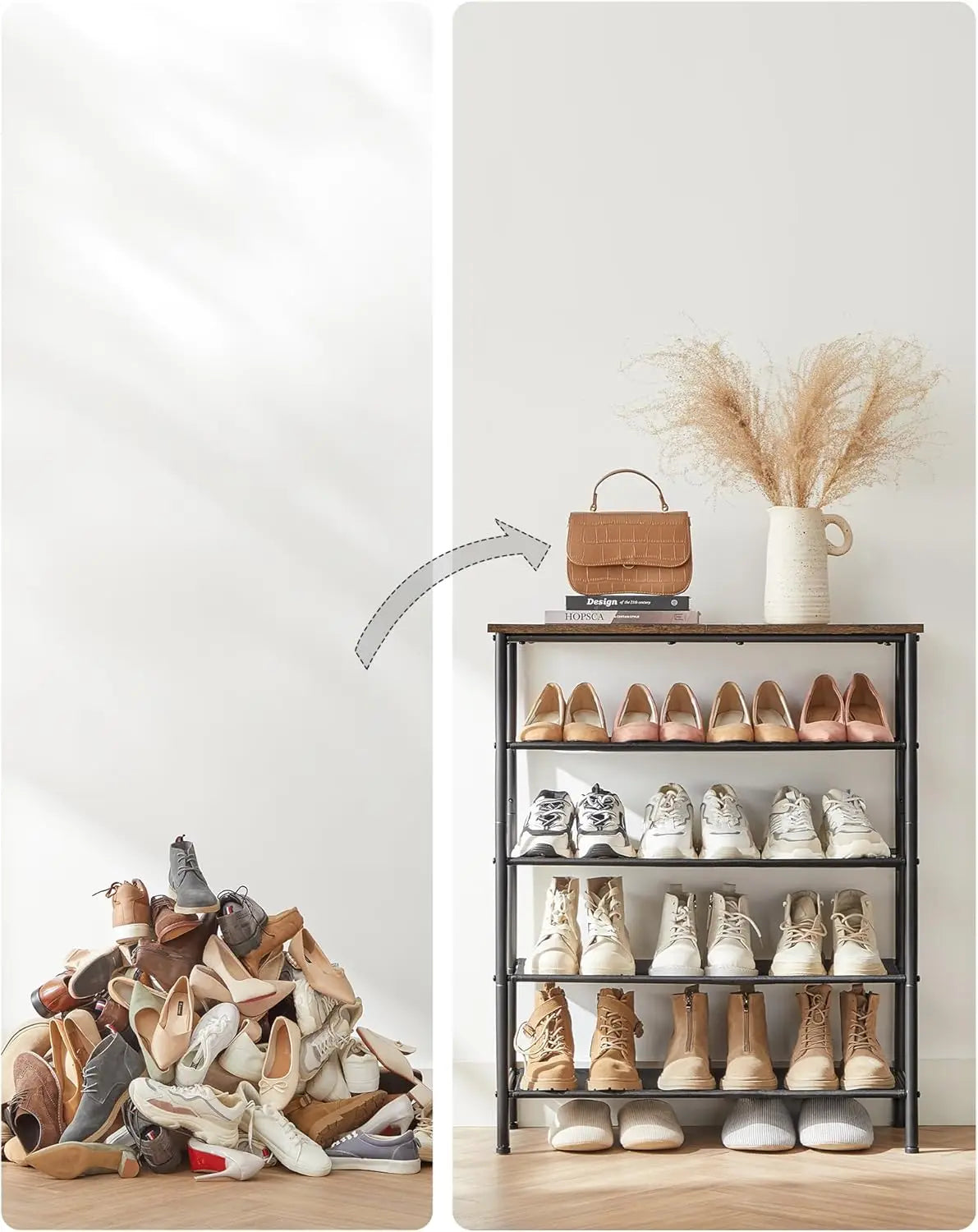 Narrow 5-Tier Metal Shoe Rack with 4 Polyester Fabric Shelves, - view 4