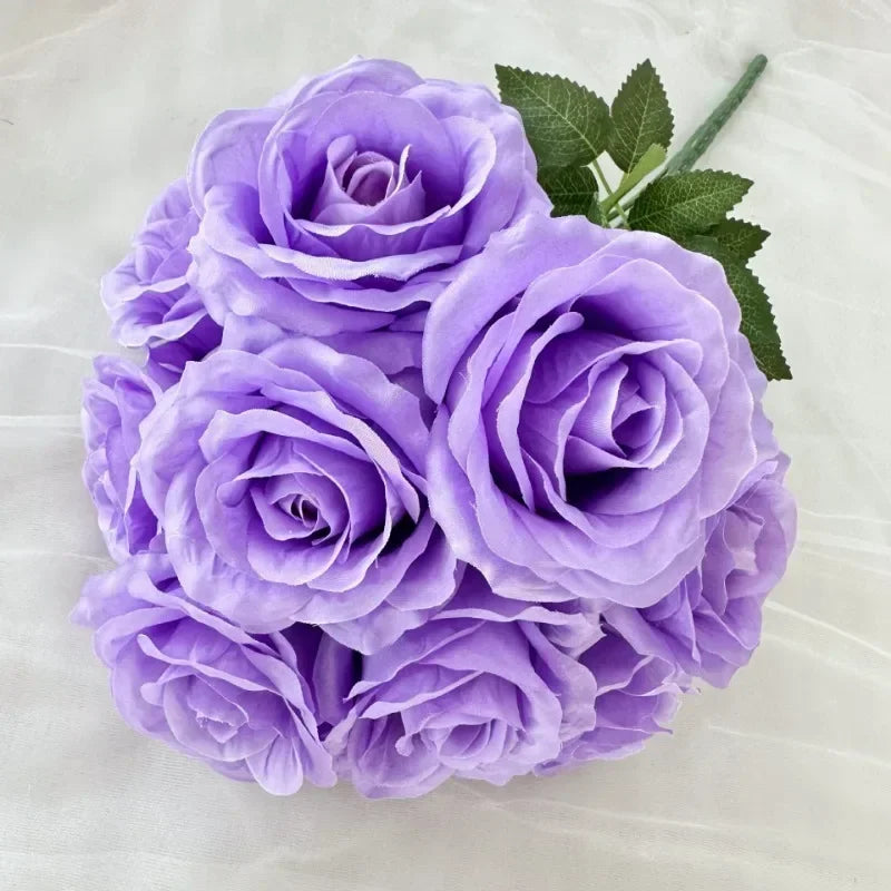 Artificial Silk Rose Bouquet with Plastic Stem, Purple Heart Tones - Purple