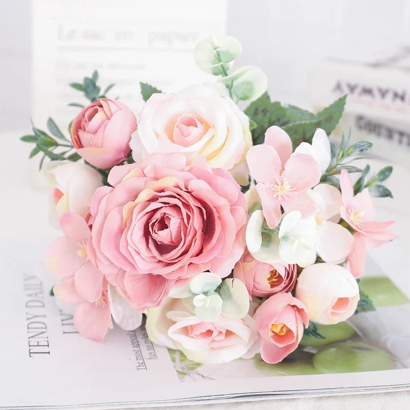 Artificial flowers silk peony hortensia decoration wedding bouquet - Pink 3
