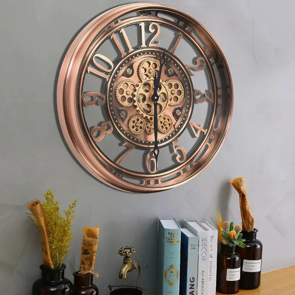 Ancient wall clock in decorative metal with gears - view 2