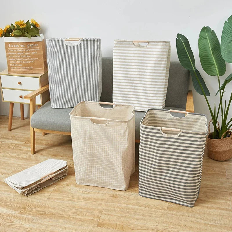 56*40*27CM Japanese Cotton Linen Dirty Clothes Basket, Folding Portable Fabric Laundry Basket，Bathroom Waterproof Storage Basket - view 3