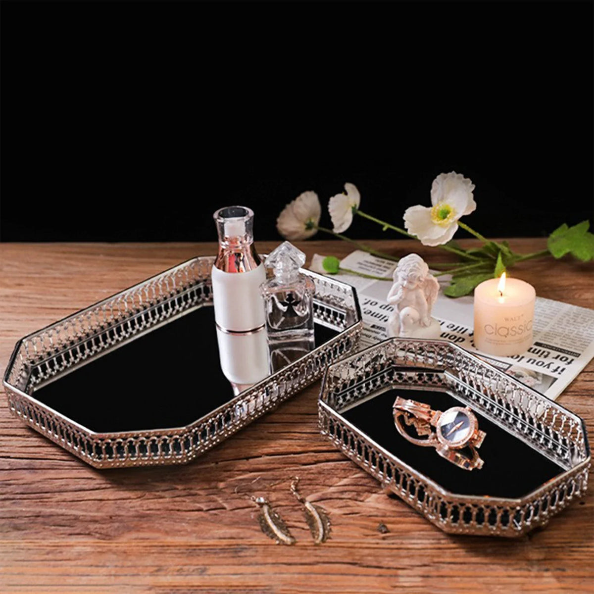 Metal storage tray decorative mirror for cosmetics and dishes