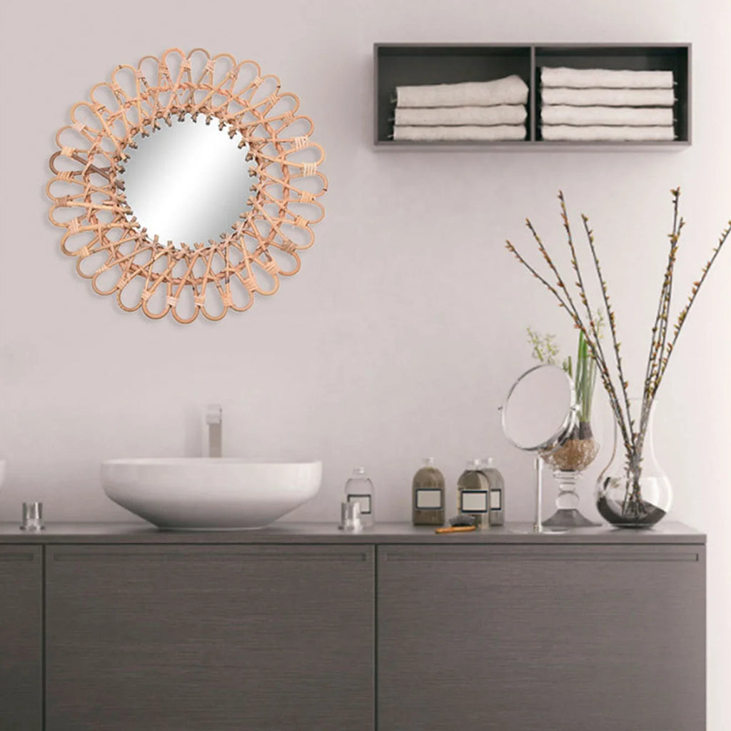 Wall Mirror, Round Wicker Rattan Decorative Mirror, Rustic Natural Rattan Wall decor with Mounted Frame for Bathroom Hallway - view 3