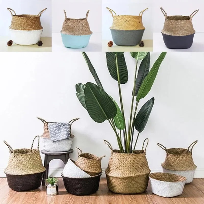 Folding rattan storage baskets with handle for various uses - view 3