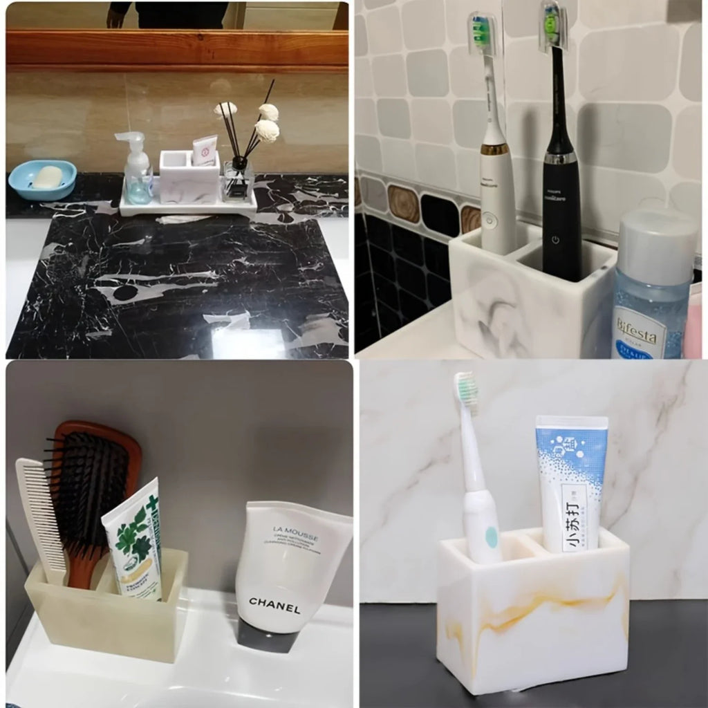 1pc Marble Effect Resin Toothbrush Holder, Luxury Nordic Style Toothbrush Stand, Multi-Compartment Bathroom Organizer, Elegant - view 2