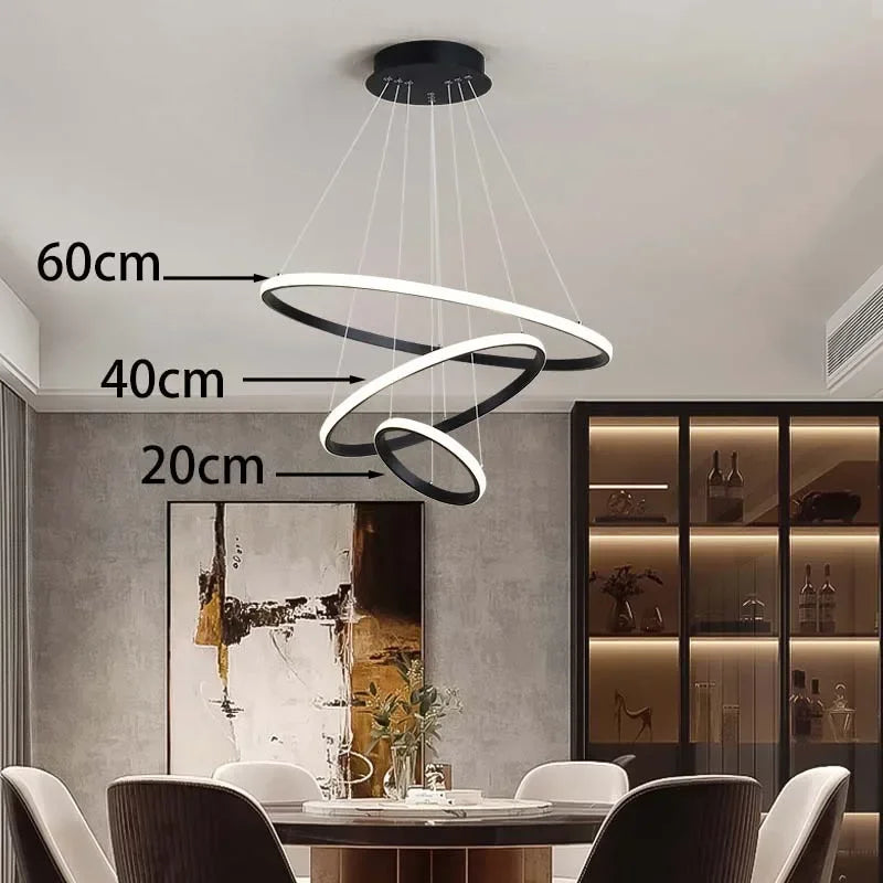 Modern three circle round chandelier elegant design - Black-20-40-60cm / White Light