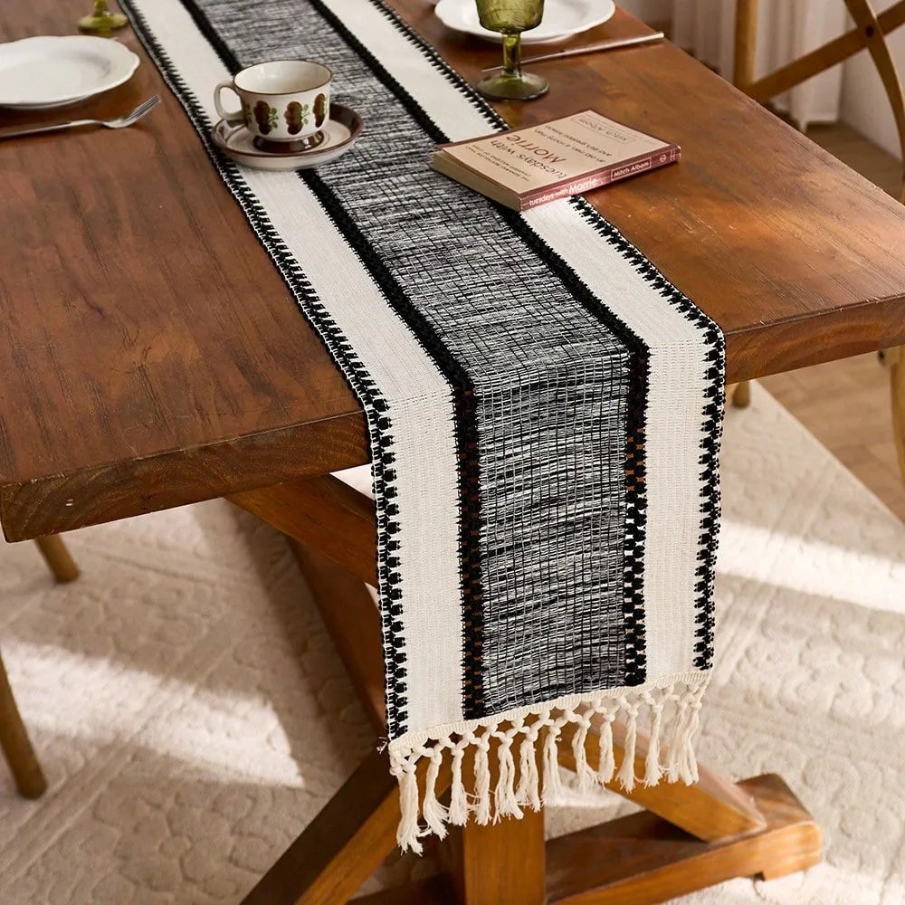 Green Striped Scandinavian Bohemian Table Runner with Pom-Poms - 30x50cm placemat