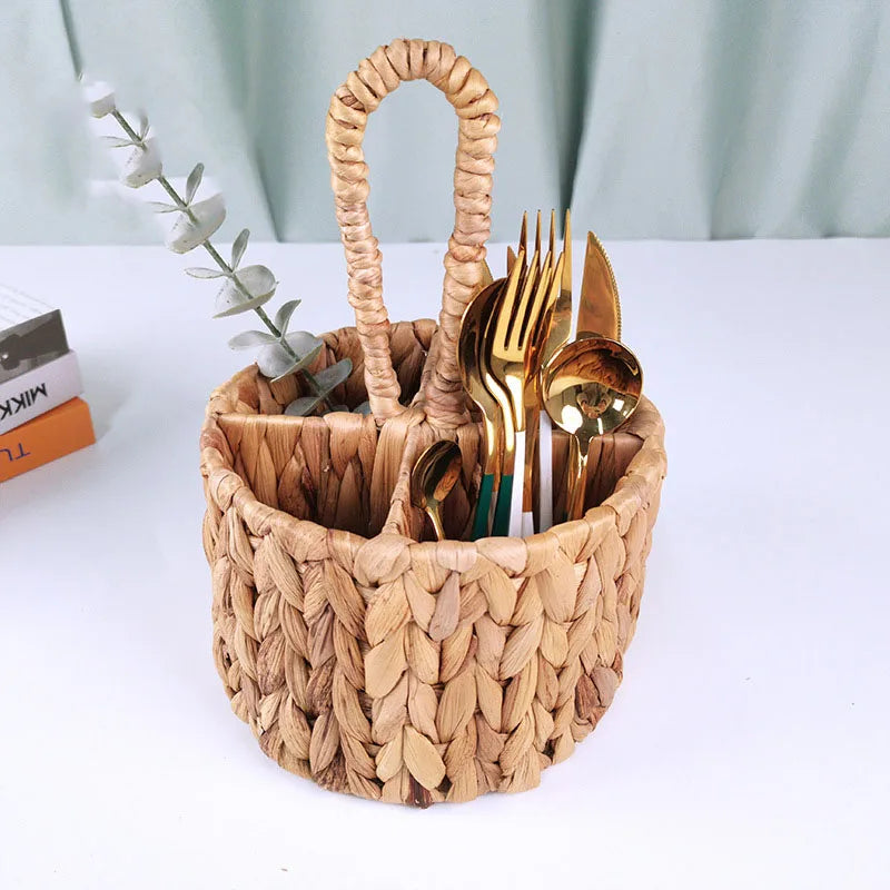 Wicker Flatware Organizer, Hand Woven Water Hyacinth Cutlery Holder for Countertop with Handle - view 2