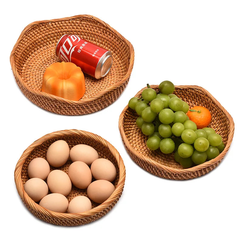 Round Rattan Woven Fruit Basket for Kitchen