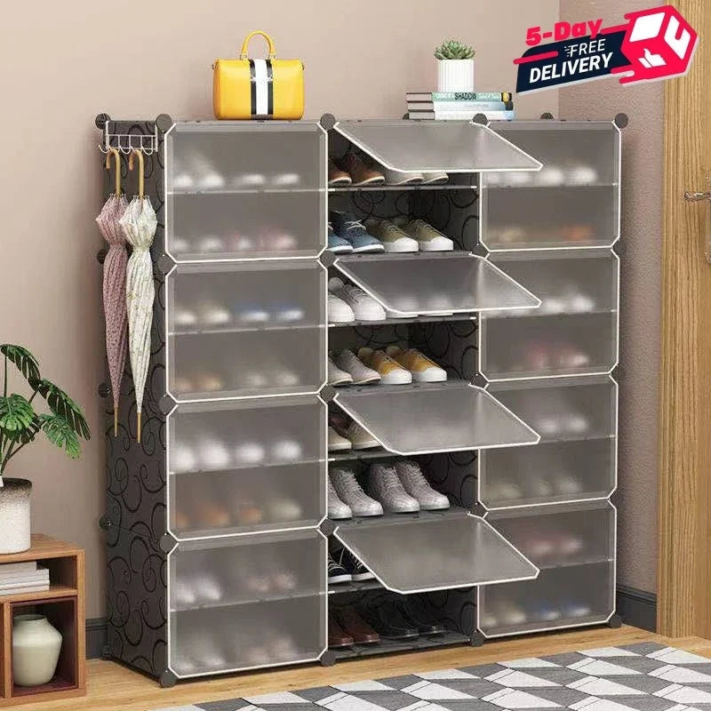 Foldable shoe organizer with transparent lid and compartments