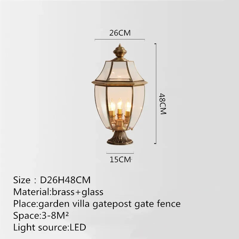 Classic brass garden lamp exterior retro waterproof lighting - H48cm / 110V