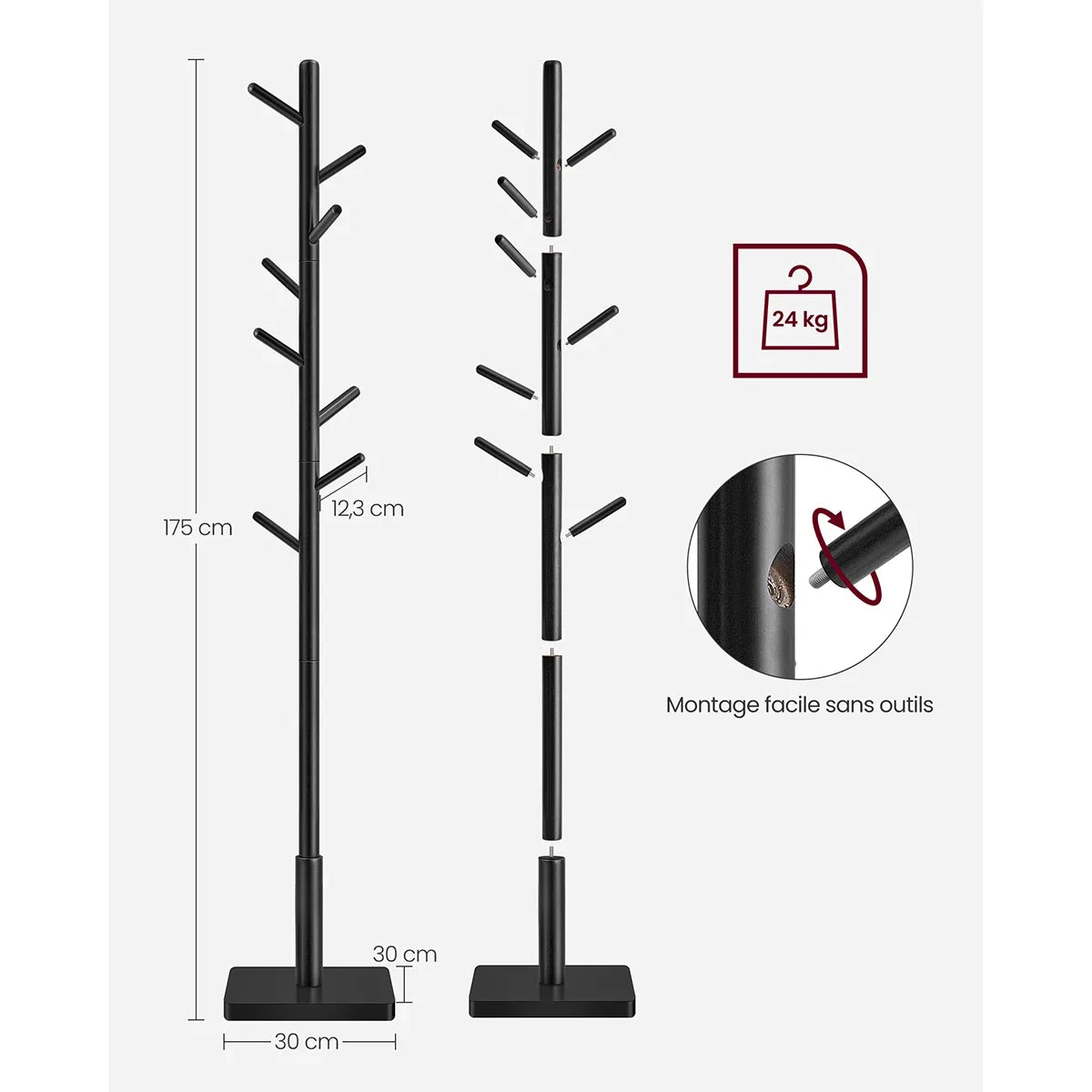 VASAGLE Coat Rack, Solid Wood Coat Stand, Free Standing Hall Coat Tree with 8 Hooks for Coats, Hats, Bags, Purses, for Entryway - view 5