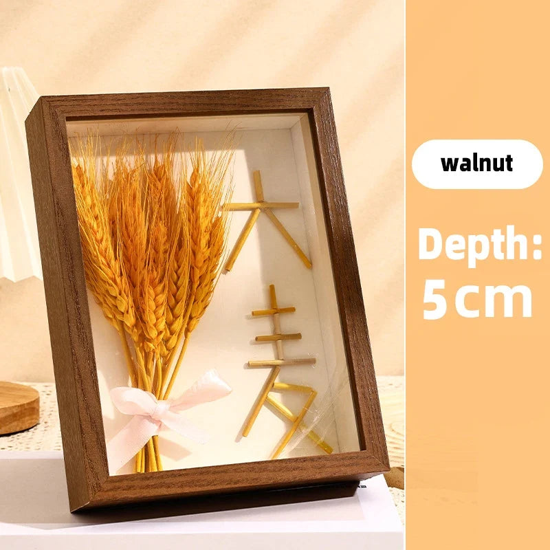Transparent floating photo frame with decorative and artisanal dried flowers - Walnut-Depth-5cm / Square-9 inches