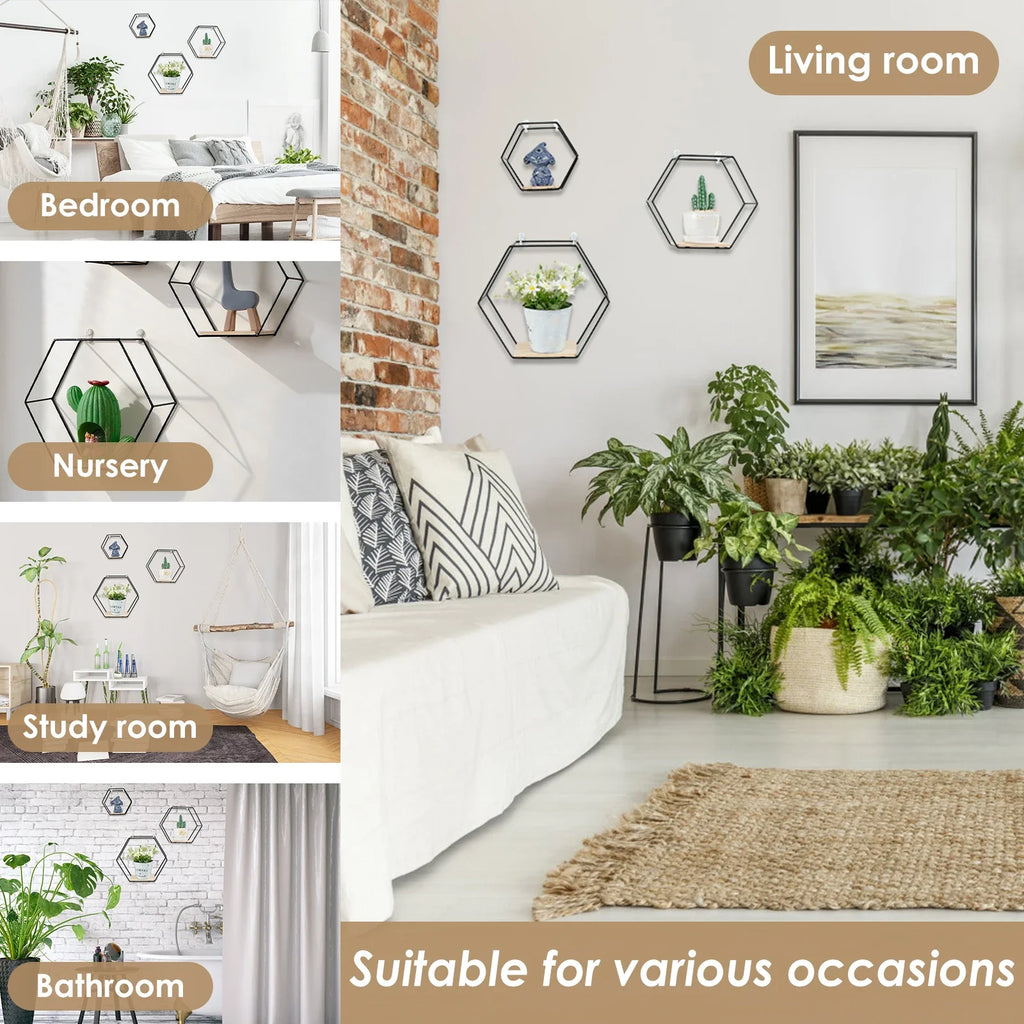 Set of 3 hexagonal floating wall shelves for home decoration - view 2