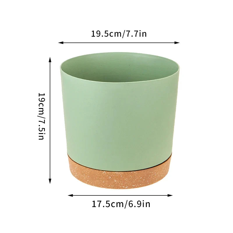 Large plastic circular pot for indoor plants with drainage and tray - Green-8 inches