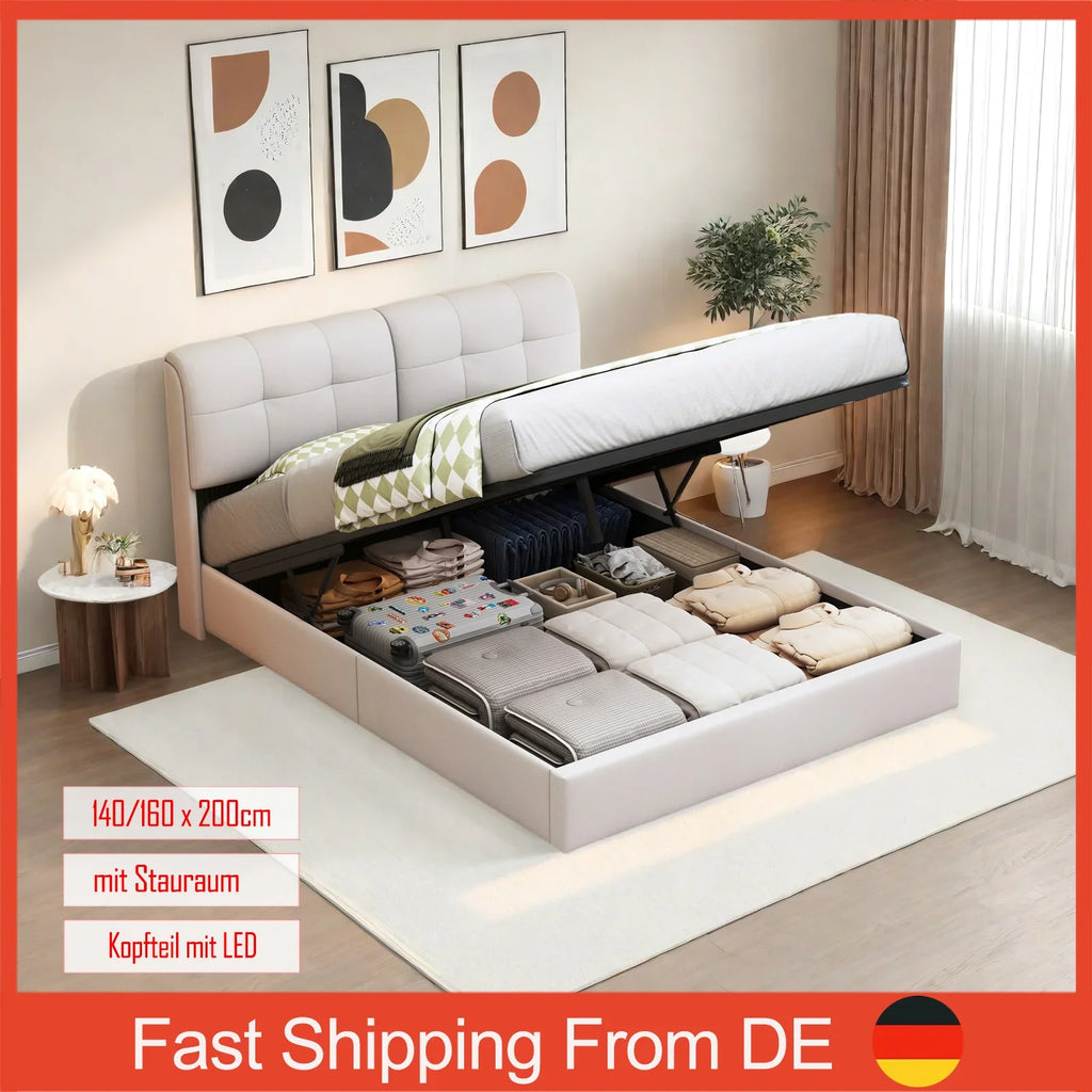 Double Bed with Storage Space,Upholstered Bed 140/160 x 200cm,Headboard with LED Lighting and USB Port,No Mattress,Velvet Beige