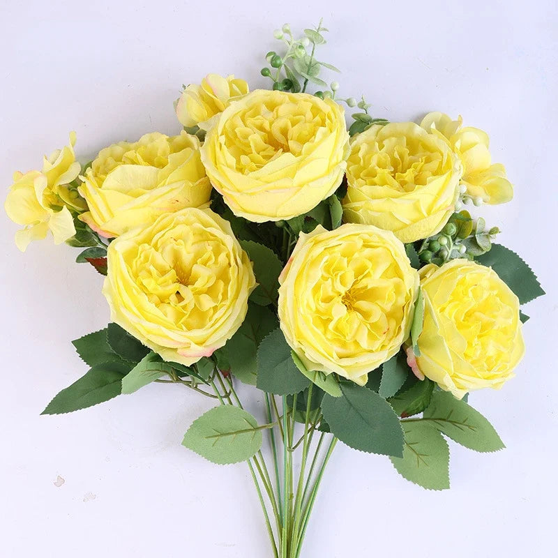 Yellow and White Artificial Silk Rose Bouquet, Design 1