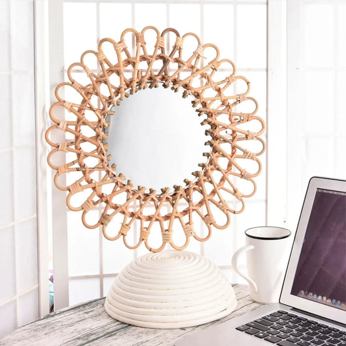 Wall Mirror, Round Wicker Rattan Decorative Mirror, Rustic Natural Rattan Wall decor with Mounted Frame for Bathroom Hallway - view 2